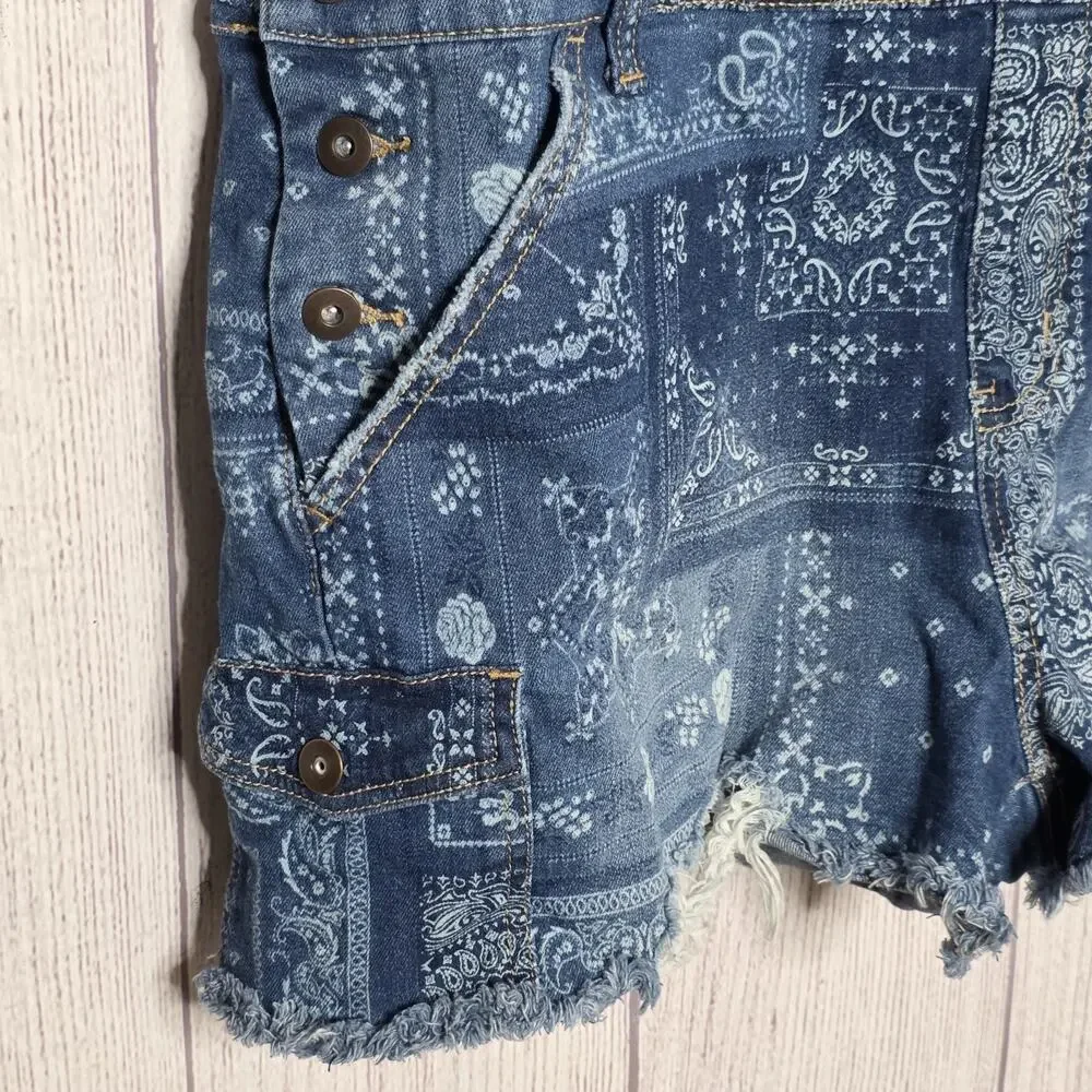 No Boundaries Denim Short Overalls Bandana Patchwork Juniors, sz XXXL/21